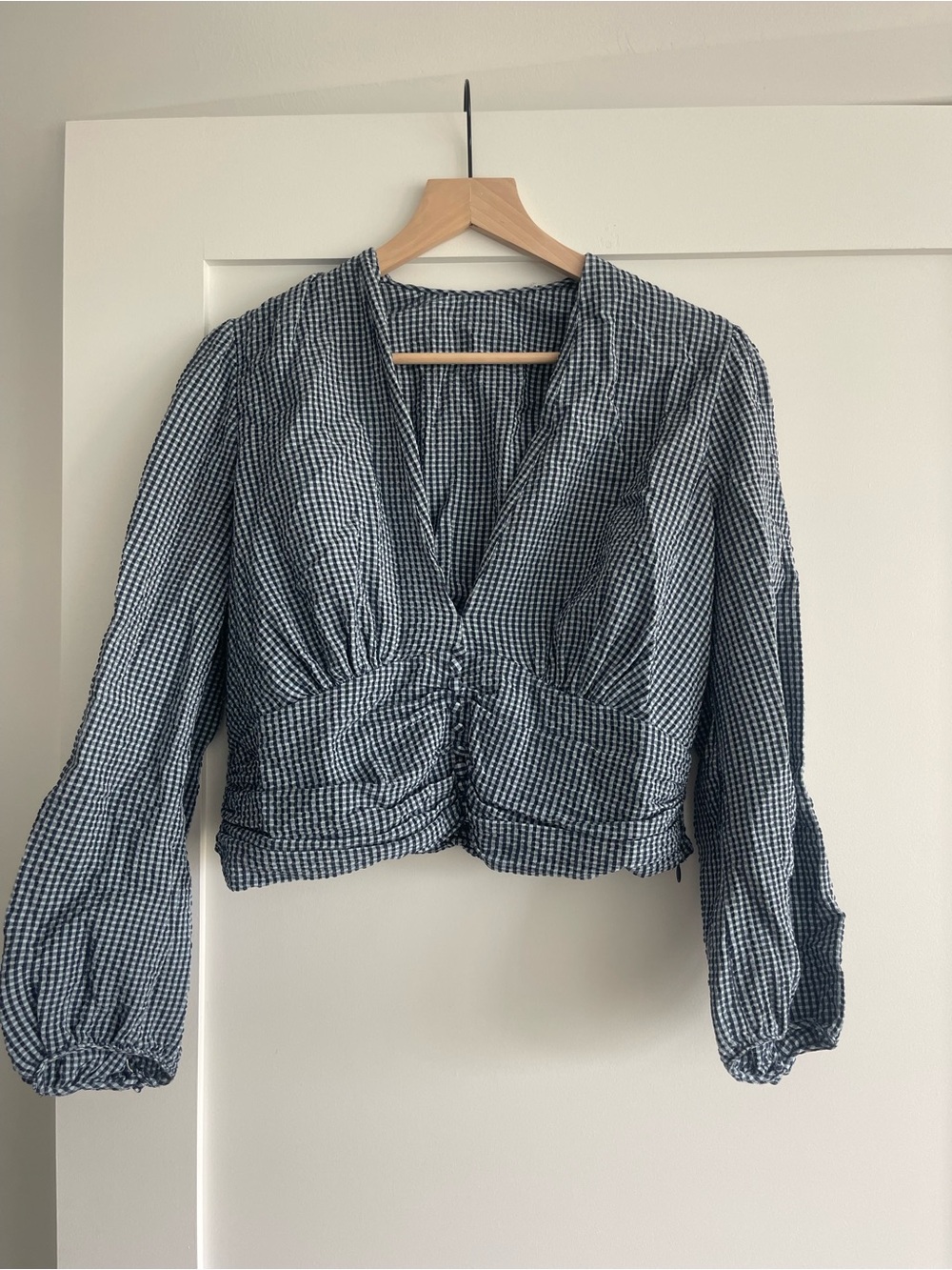 Zara Blue and White Gingham V-Neck Smocked Waist Blouse